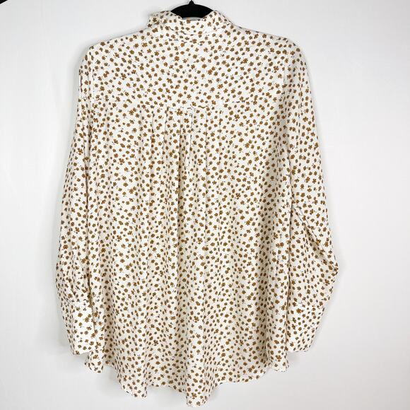 Pleione Medium Cream Orange Ditsy Floral Long Sleeve Blouse V Neck Pleated Back - Picture 2 of 10